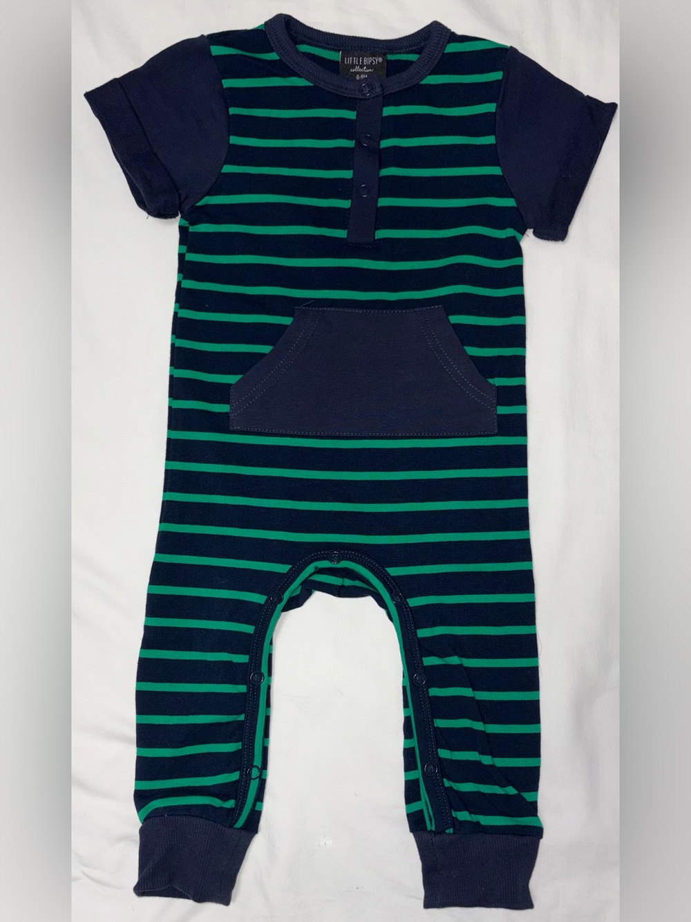 Little Bipsy Collection navy romper w/green stripes sz 6-9 mo like new